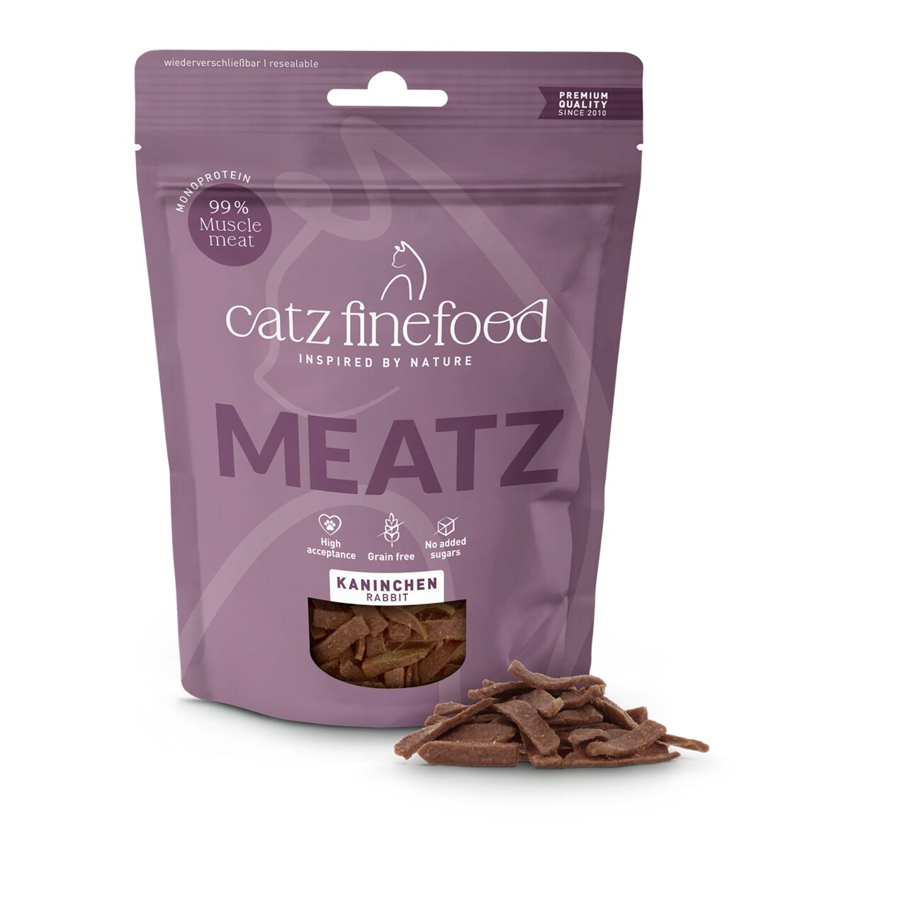 Catz finefood Meatz Kaninchen, Katzensnack, Monoprotein, getreidefrei, ohne Zuckerzusatz, für Katzen, Packung à 45 g.