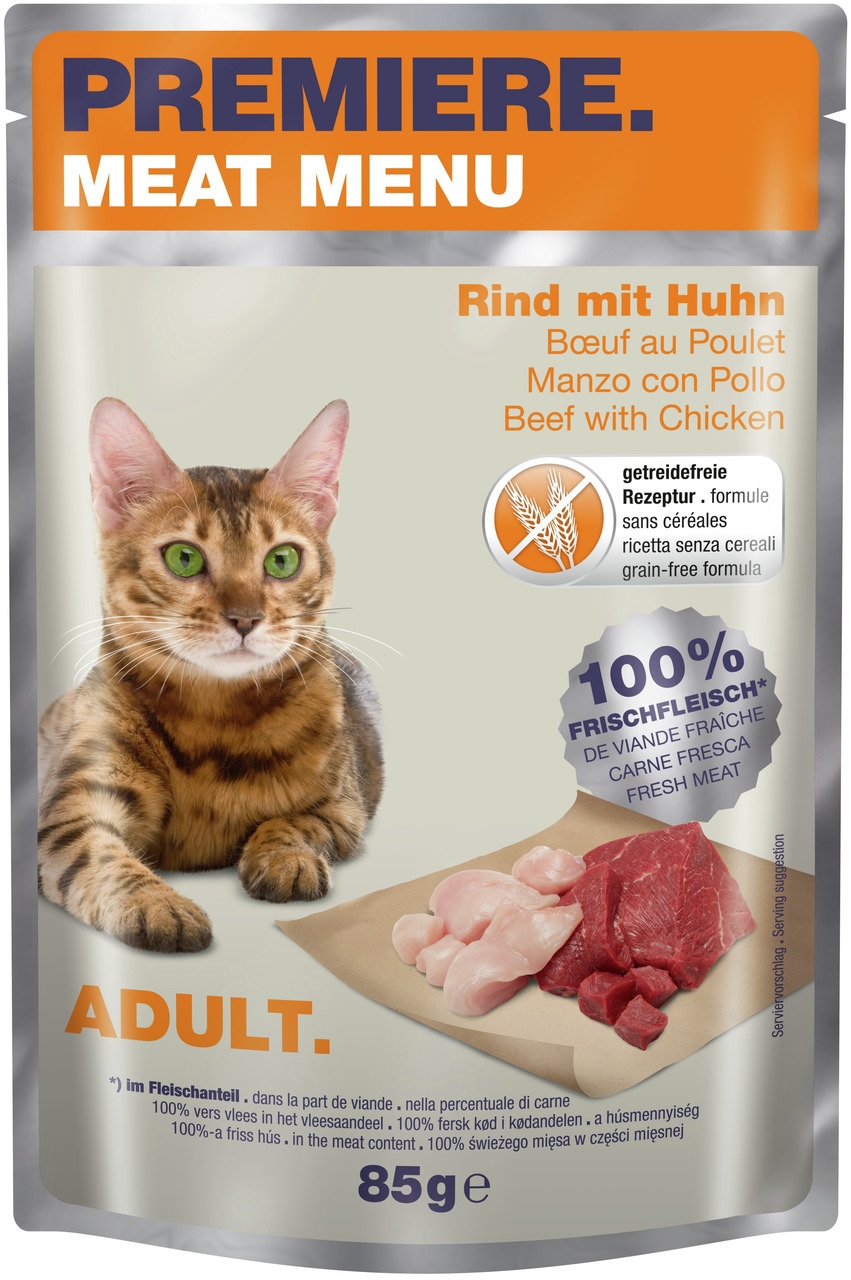 PREMIERE Meat Menu, Nassfutter für ausgewachsene Katzen, Rind mit Huhn, getreidefrei, 100 % Frischfleisch, 85 g.