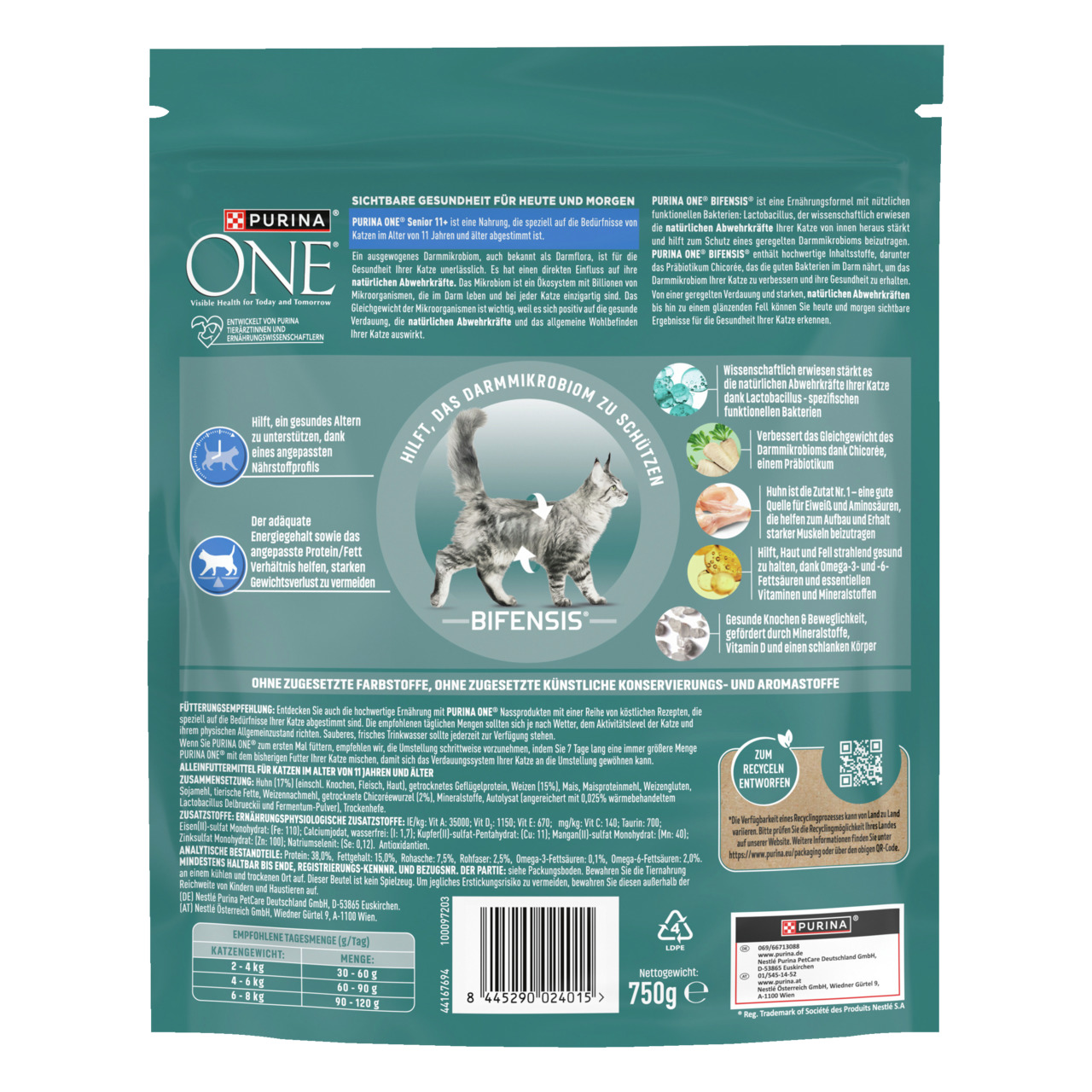 Purina ONE BIFENSIS Katzenfutter, erwachsene Katzen ab 1 J., Huhn & Vollkorn, 750 g, unterstützt Darmmikrobiom, Knochen & Fell.