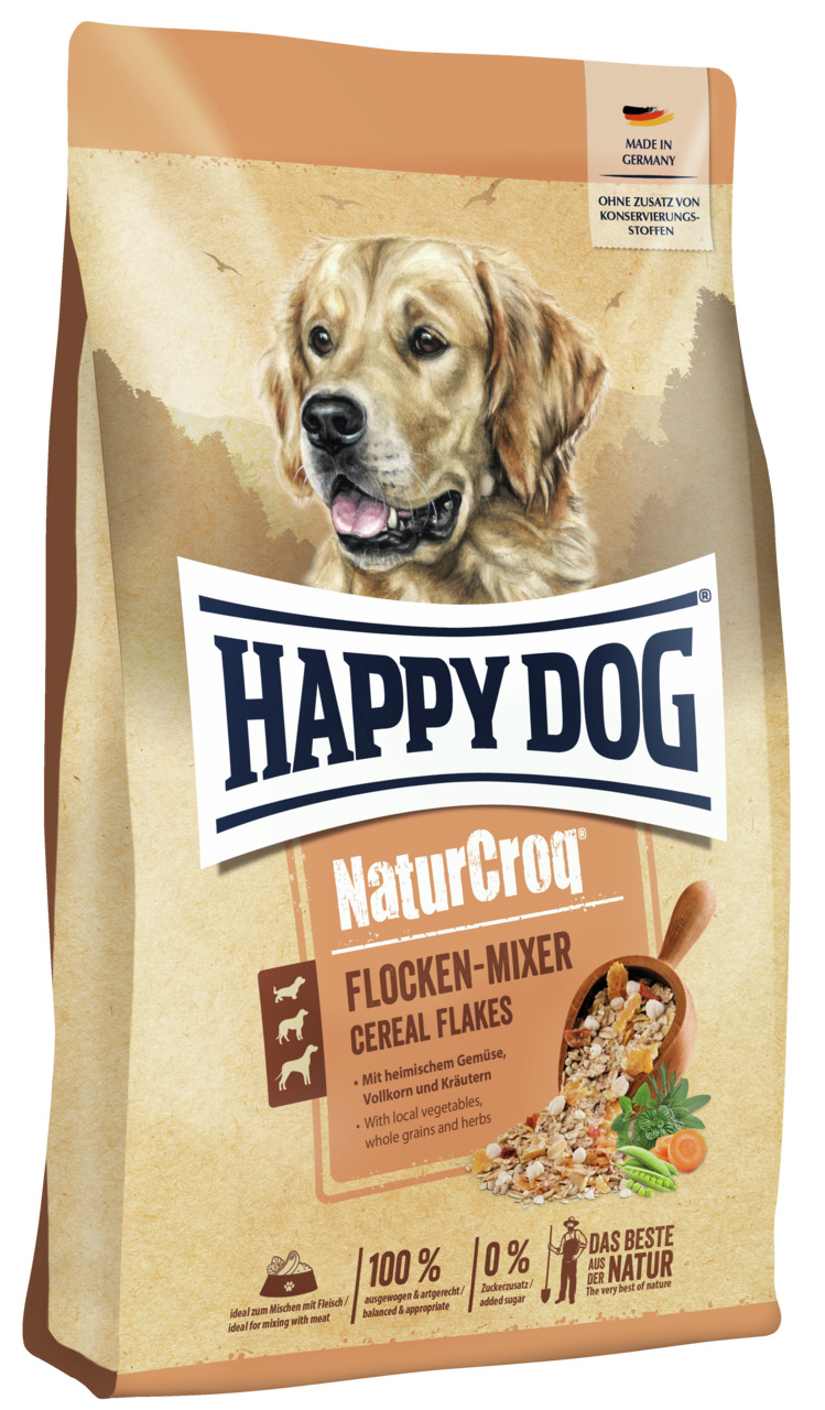 HAPPY DOG NaturCroq Flocken-Mixer, Hunde, heim. Gemüse, Vollkorn, Kräuter, ideal mit Fleisch, 1 kg, Made in Germany.