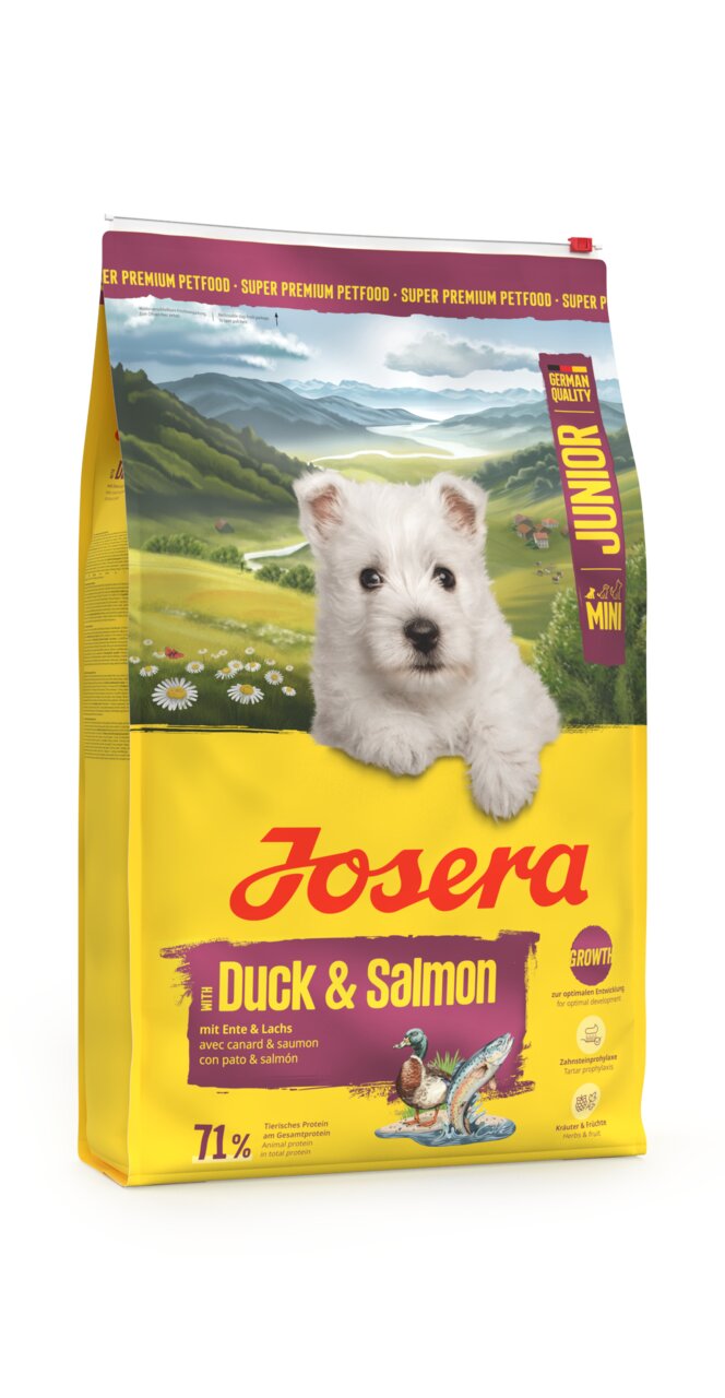 Josera MiniJunior Hundefutter für Welpen, Geschmacksrichtung Ente & Lachs, 71 % tierisches Protein, Menge: 1,5 kg.