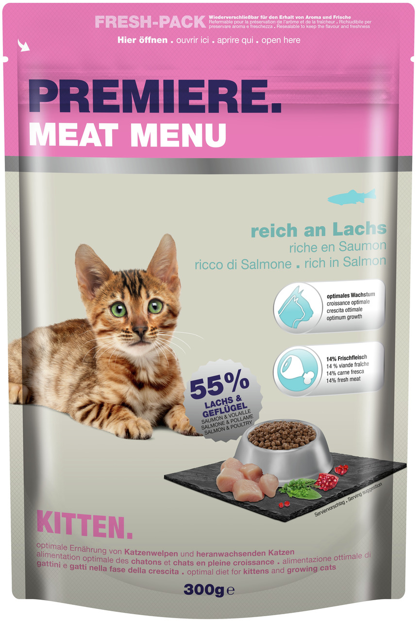 Das Bild zeigt eine Verpackung des Katzenfutters „PREMIERE Meat Menu“ für Kätzchen (Kitten). Die Geschmacksrichtung ist reich an Lachs und Geflügel (55 %). Die Packung enthält 300 g und ist wiederverschließbar, um Frische zu bewahren. Es wird als optimale