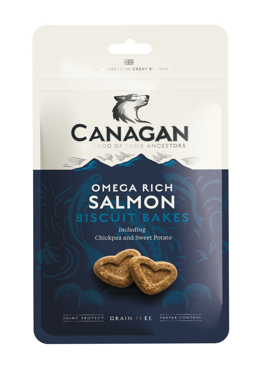 Canagan Omega Rich Salmon Biscuit Bakes: Getreidefreie Hundesnacks mit Lachs, Kichererbsen & Süßkartoffeln, 125g, handgebacken in GB.