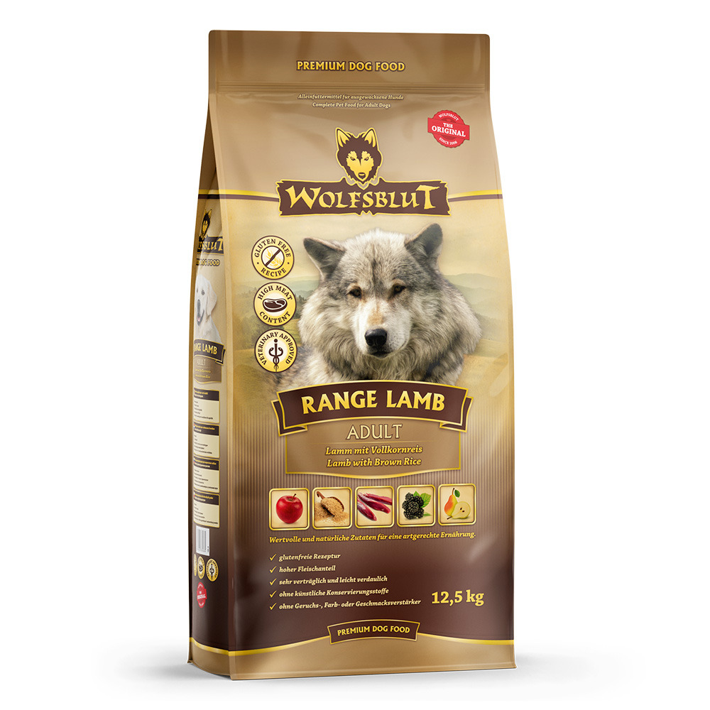 Wolfsblut Range Lamb Adult, 12,5 kg, für ausgewachsene Hunde, Lamm & Vollkornreis, glutenfrei, leicht verdaulich, ohne künstl. Zusätze.