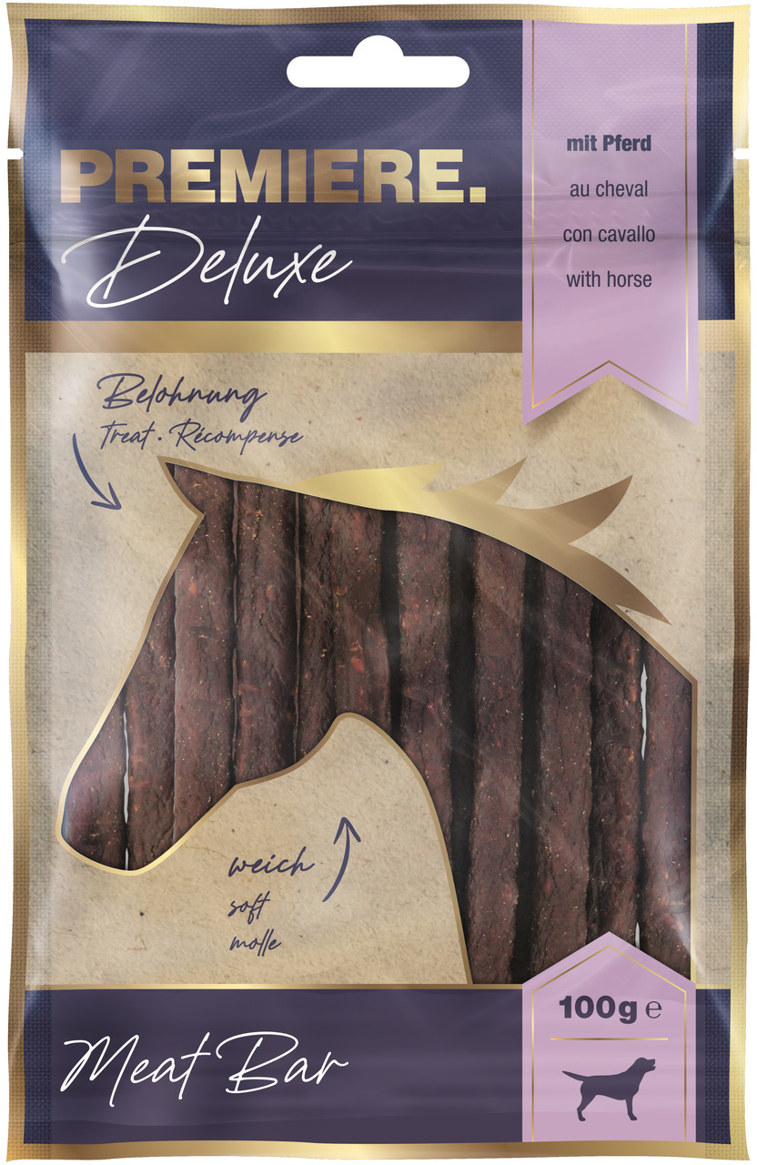 PREMIERE Deluxe Meat Bar Pferd, Hundesnack f. erw. Hunde, 100 g weiche Fleischsticks, Belohnung, Geschmacksrichtung Pferd.