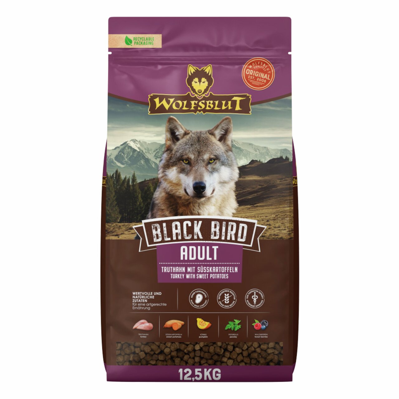 Hundefutter WOLFSBLUT Black Bird Adult, Truthahn & Süßkartoffeln, 12,5 kg, für erwachsene Hunde, getreidefrei, natürliche Zutaten.