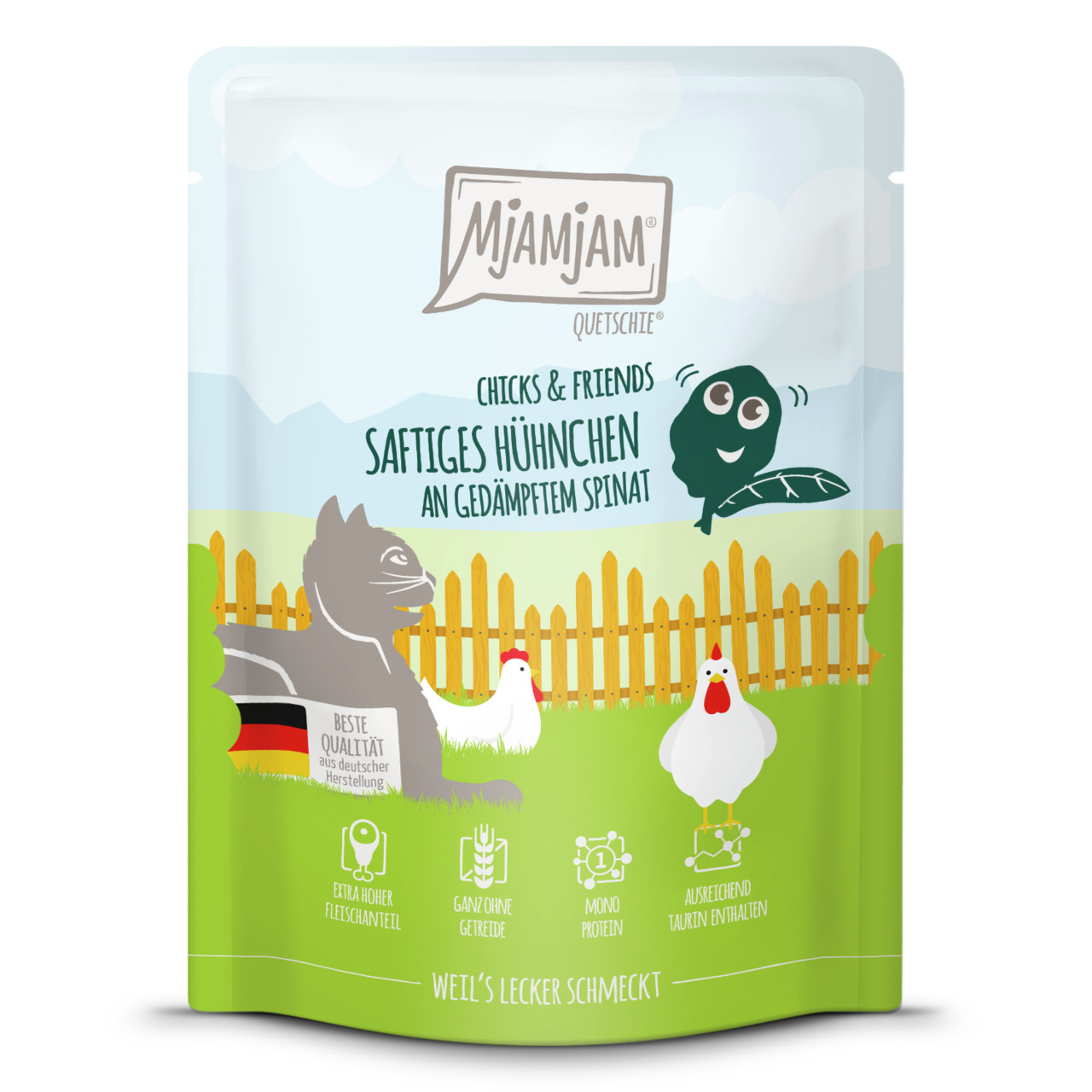 MJAMJAM Quetschie Chicks & Friends, Katzen, Hühnchen+Spinat, getreidefrei, hoher Fleischanteil, Taurin, Menge nicht erkennbar.