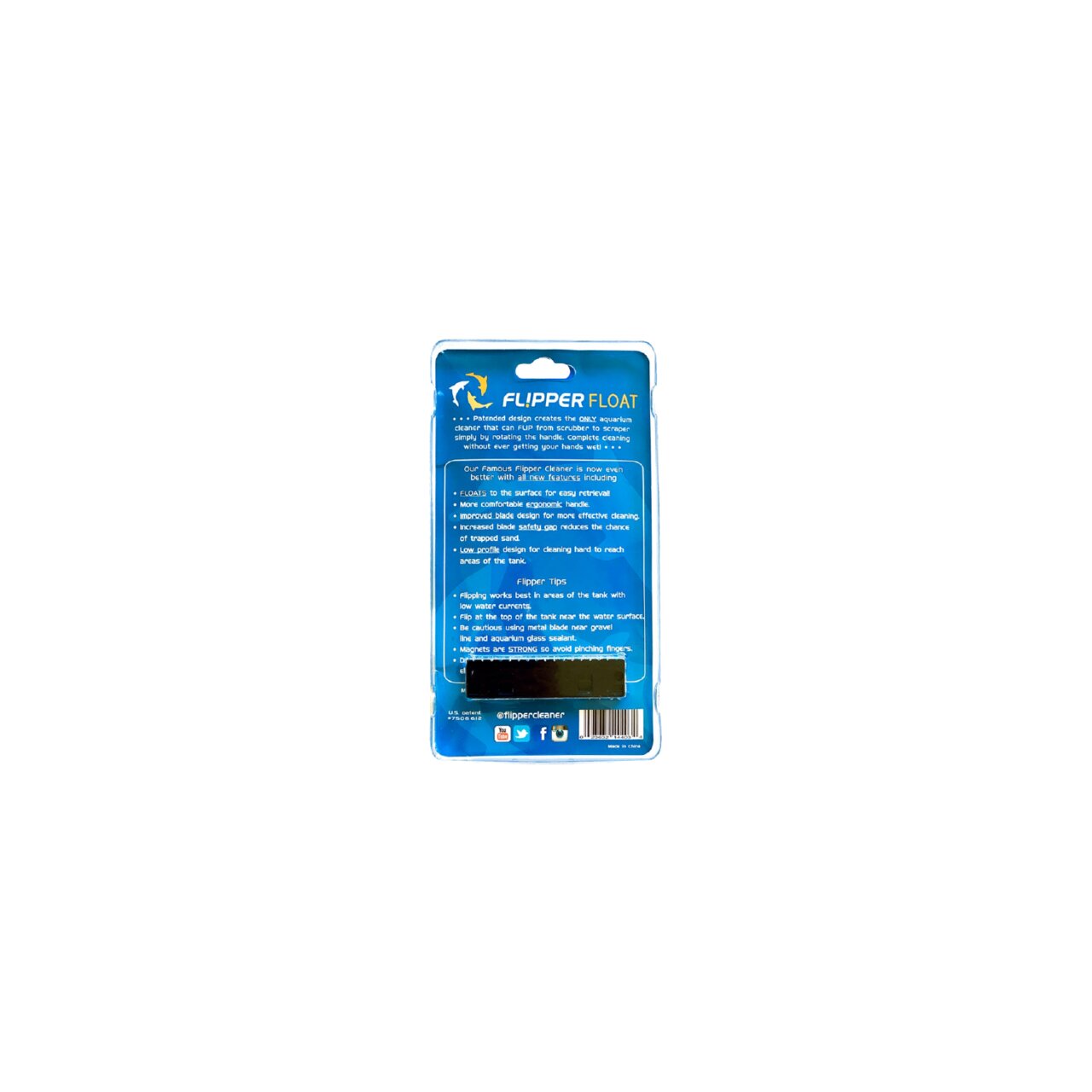 Rückseite der Verpackung des Flipper Float Aquariumreinigers mit Markentexten, Produktinfos und sichtbarem Barcode.