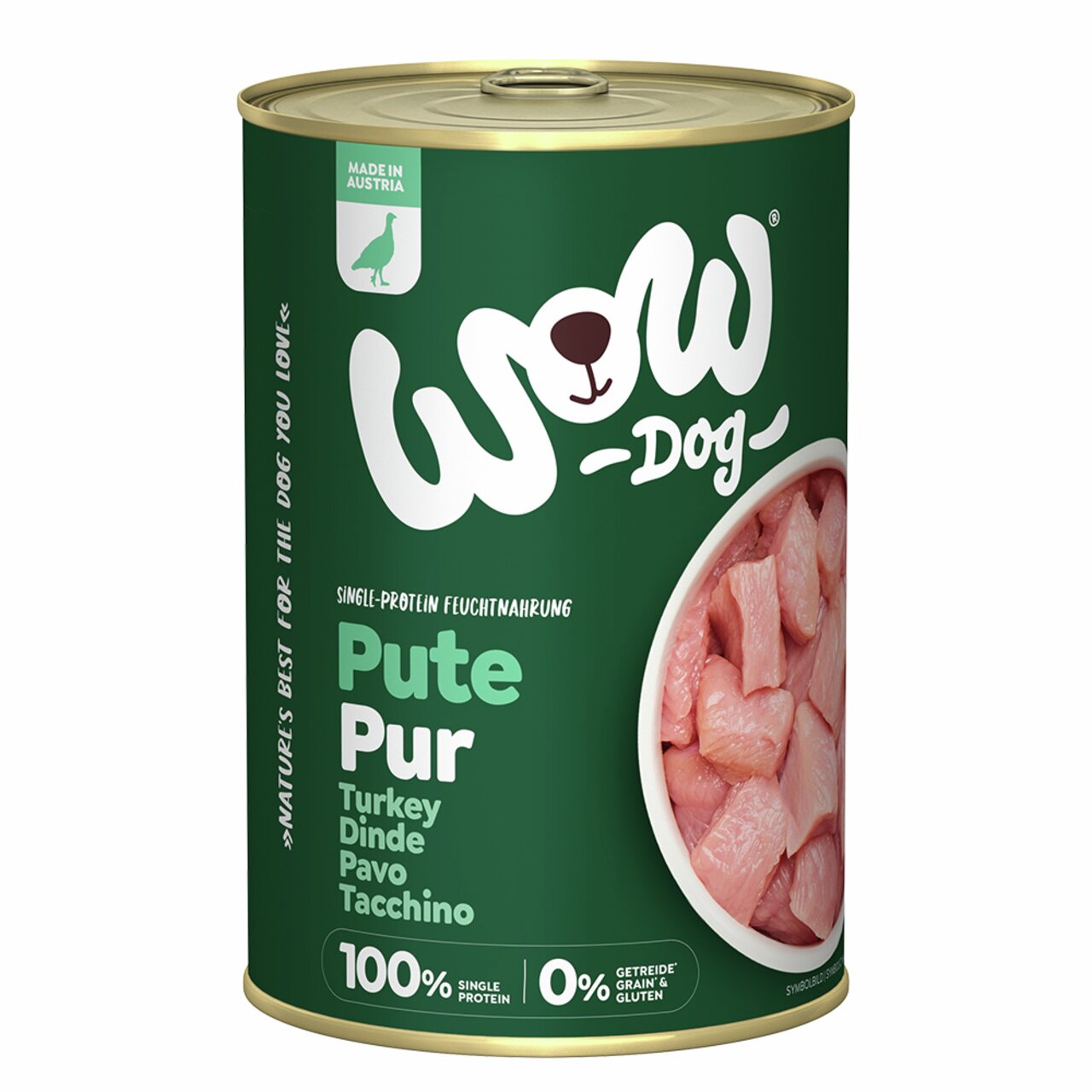 Dose mit WOW Dog Pute Pur Feuchtfutter, Single-Protein für Hunde. Geschmacksrichtung Pute, 400g, getreidefrei, hergestellt in Österreich.