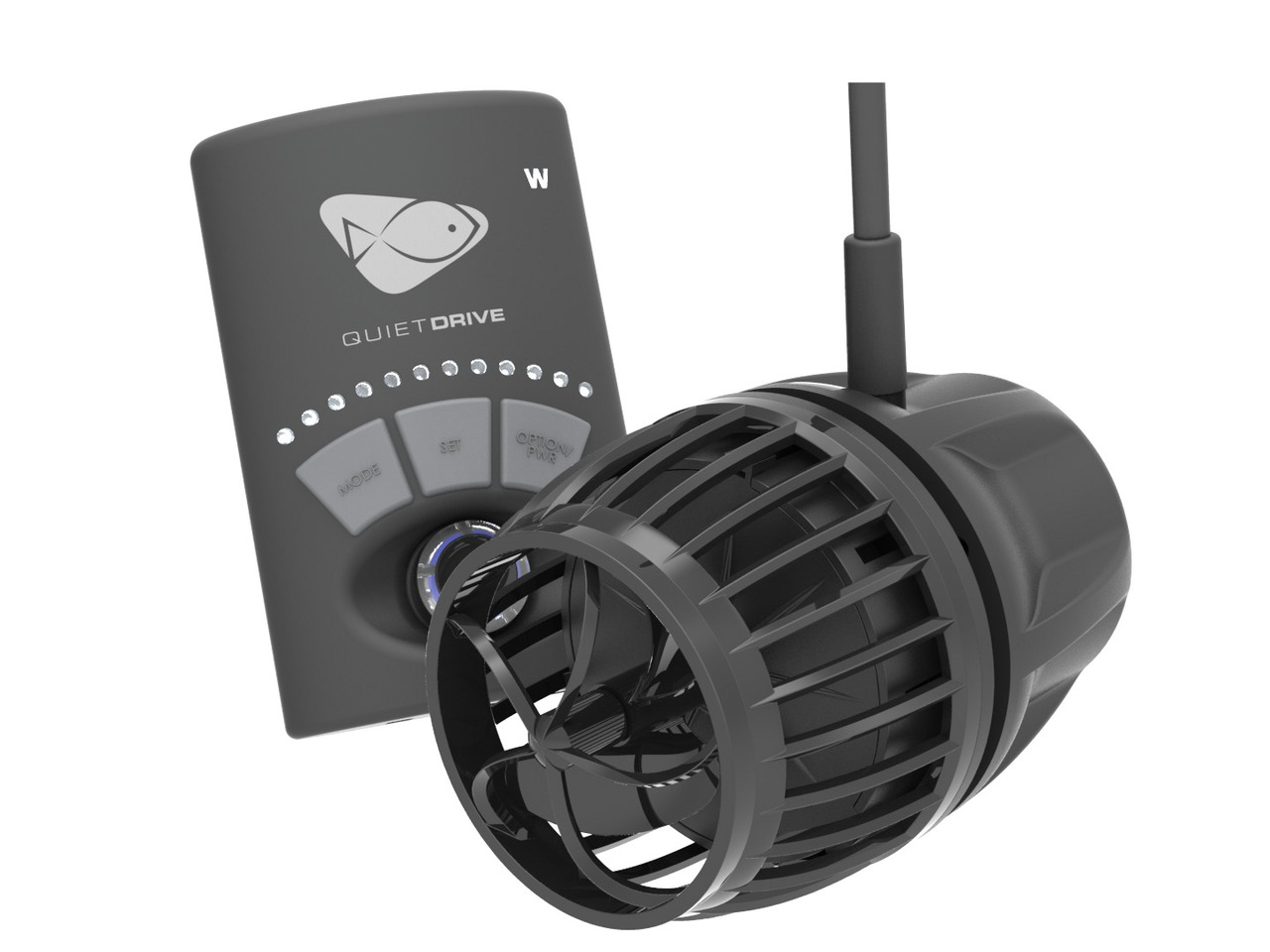 Das Bild zeigt die Ecotech Vortech MP40 QuietDrive Strömungspumpe mit zugehörigem Controller. Die Pumpe ist für Aquarien konzipiert und sorgt für eine optimale Wasserzirkulation. Der schwarze Controller verfügt über mehrere Tasten und LED-Anzeigen zur Ste