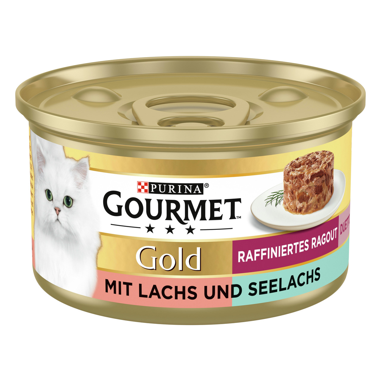 Das Bild zeigt eine goldene Dose Katzenfutter der Marke Purina Gourmet Gold. Es handelt sich um die Sorte "Raffiniertes Ragout mit Lachs und Seelachs". Die Zielgruppe sind Katzen. Die Dose enthält 85 g und hebt die hochwertige Qualität sowie den feinen Ge