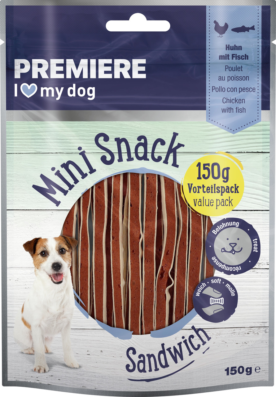 PREMIERE Mini Snack Sandwich, Hundesnack mit Huhn & Fisch, weich, ideal als Belohnung, 150 g Vorteilspack.