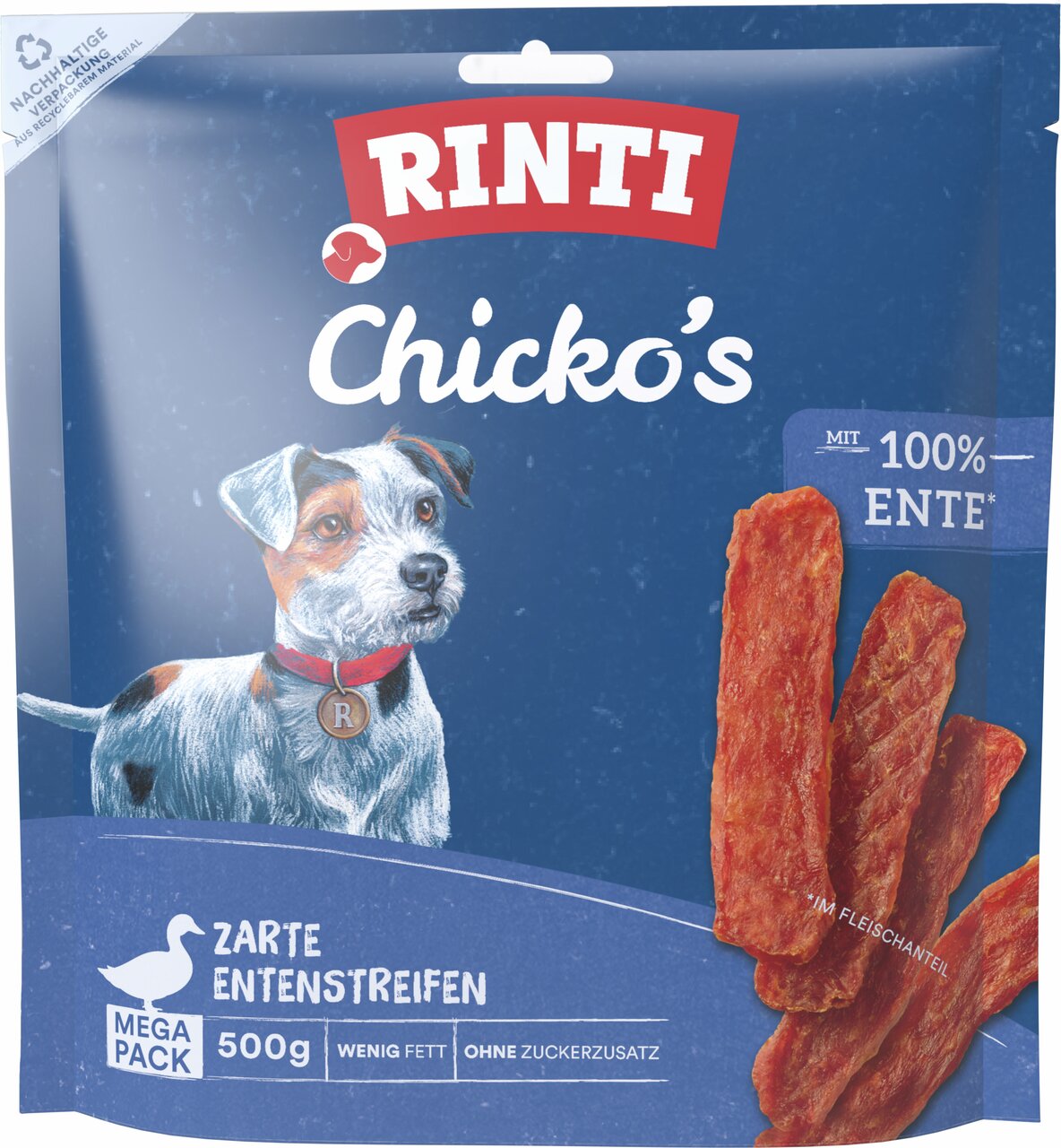 RINTI Chicko's Hundefutter, Ente, 100 % Ente im Fleischanteil, wenig Fett, ohne Zuckerzusatz, 500 g Mega Pack, recycelte Verpackung.