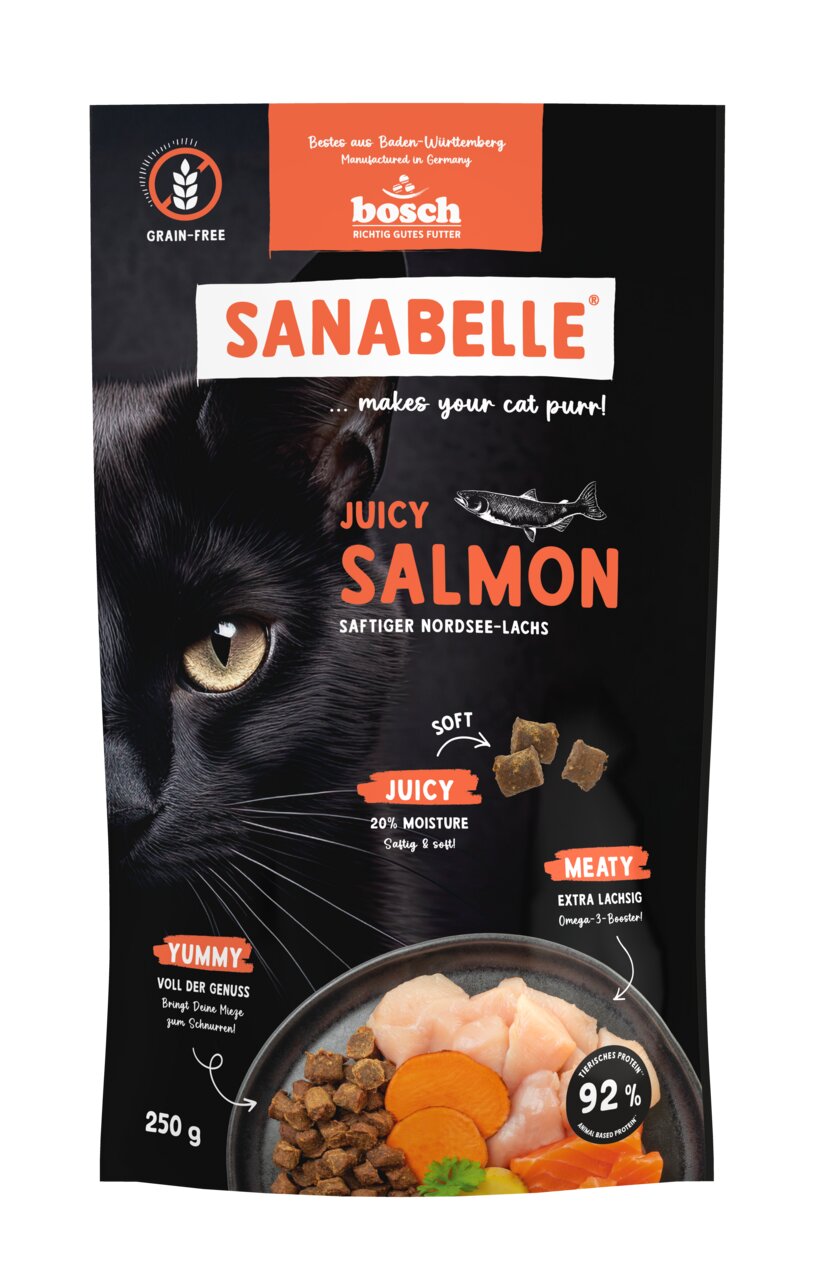 Sanabelle Juicy Salmon, Premiumfutter f. Katzen, getreidefrei, Lachs, 92 % tierisches Protein, Omega-3, 250 g.
