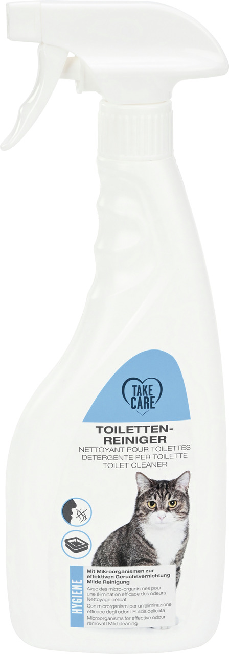Eine weiße Sprühflasche des Produkts „Take Care Toilettenreiniger“ für Katzentoiletten. Die Zielgruppe sind Katzenbesitzer. Der Reiniger enthält Mikroorganismen zur effektiven Geruchsbeseitigung und bietet milde Reinigung. Auf der Vorderseite ist eine Kat