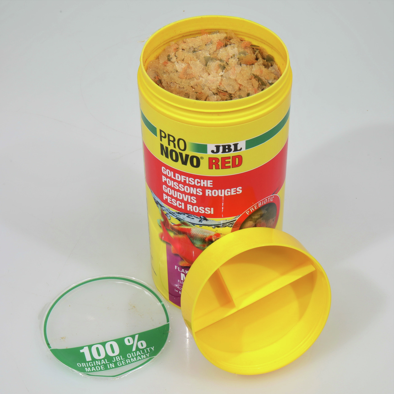JBL ProNovo Red, Flockenfutter für Goldfische, Geschm.: keine Angabe, Prebiotic, 100 % JBL Quality, gelbe Dose, rote Etikett, geöffnet.
