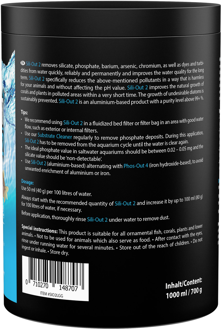 Das Bild zeigt das Produkt "MICROBE-LIFT Sili-Out 2", ein Wasseraufbereitungsmittel für Aquarien. Es ist speziell für Zierfische, Korallen und Pflanzen geeignet und entfernt zuverlässig Silikat, Phosphat, Barium, Arsen und andere Schadstoffe. Die Verpacku