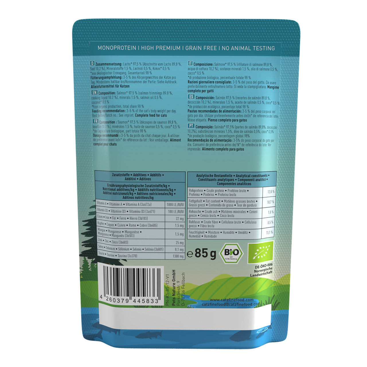 Catz finefood Monoprotein Bio Lachs, Nassfutter f. Katzen, getreidefrei, Geschm.: Lachs, Bio, tierversuchsfrei, 85 g.