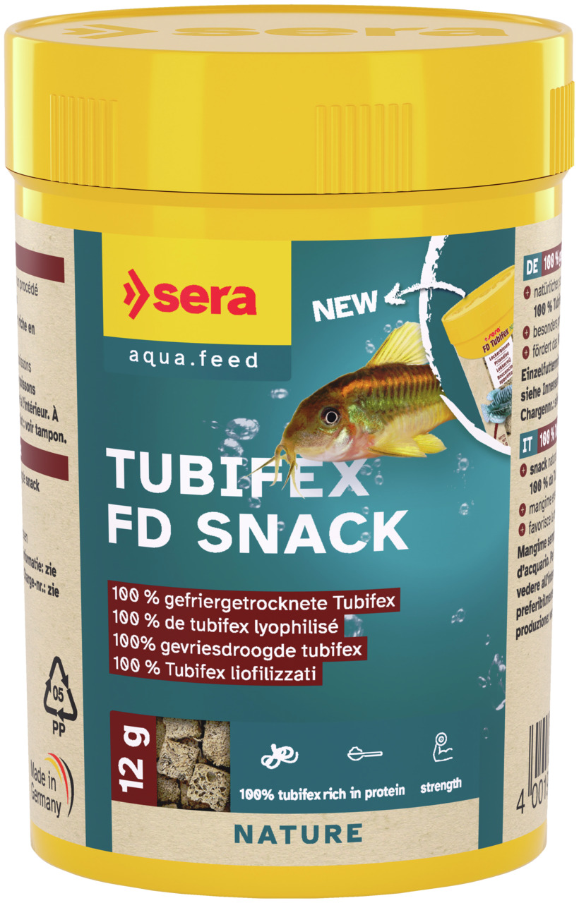 sera Tubifex FD Snack, Fischfutter f. Zierfische, 100 % Tubifex, hoher Proteingehalt, 12 g, „Nature“-Reihe, Made in Germany.