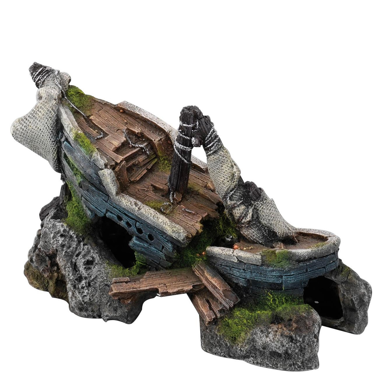 Das Bild zeigt das Produkt "AQUA DELLA Wrack-Schiff", ein dekoratives Aquarium-Accessoire für Aquarienliebhaber. Es handelt sich um ein detailreich gestaltetes Schiffswrack mit realistischen Holz- und Moosstrukturen, das auf einem felsigen Untergrund ruht