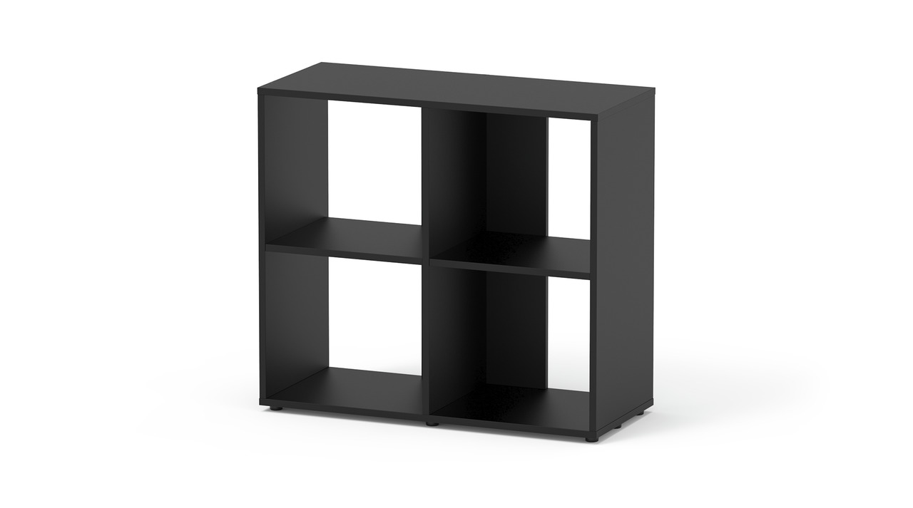 Schwarzes Regal mit 4 Fächern, modernem Design, ideal für Bücher/Deko, stabil auf Füßen, passend für versch. Wohnräume.