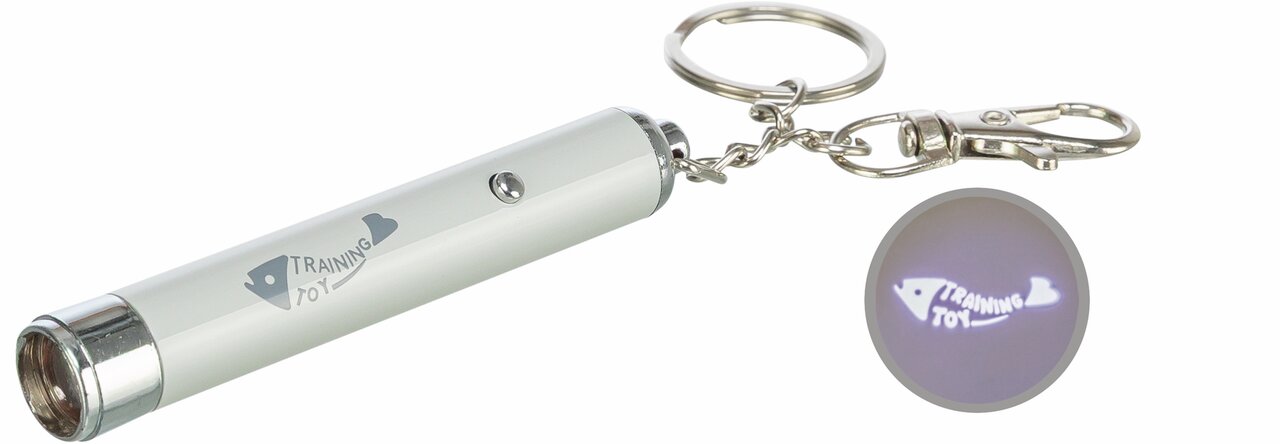 Laserpointer TRIXIE Training Toy für Katzen, weiß. Unterstützt spielerisches Training. Mit Fisch-Projektion und Schlüsselanhänger.