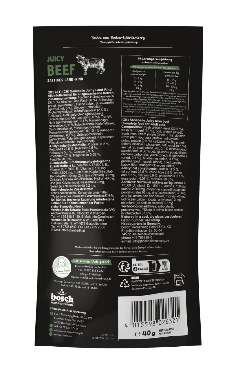 Sanabelle Juicy Land-Rind von Bosch: Alleinfutter f. erw. Katzen, Geschmack saftiges Land-Rind, 400 g, mit frischem Huhn & Rind.