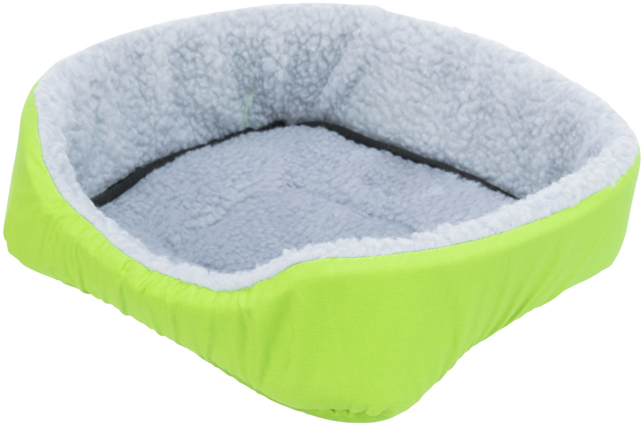 Das Bild zeigt das TRIXIE Kuschelbett für Haustiere, speziell für kleine Hunde und Katzen. Es hat eine leuchtend grüne Außenseite und eine weiche, graue Plüsch-Innenfläche, die hohen Komfort bietet. Ideal für Haustiere, die ein gemütliches und warmes Schl