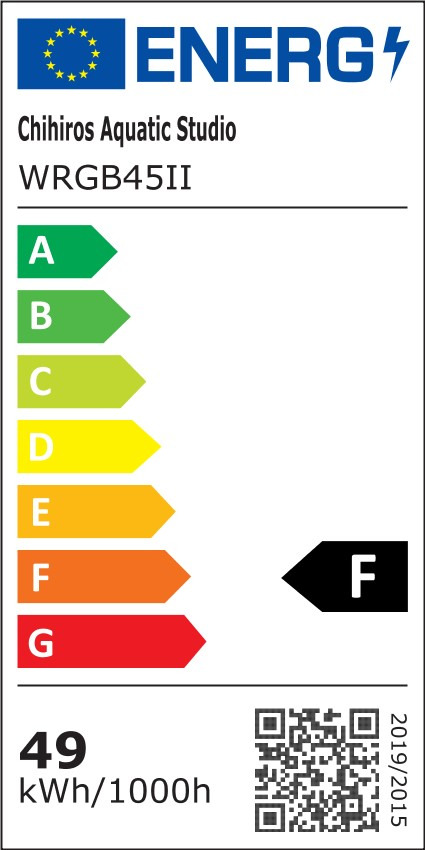 Energieeffizienzlabel für die Chihiros Aquatic Studio WRGB45II LED-Aquarienleuchte. Das Label zeigt die Energieeffizienzklasse F, den Verbrauch von 49 kWh/1000h und enthält einen QR-Code für weitere Informationen. Das Design entspricht den EU-Vorgaben von