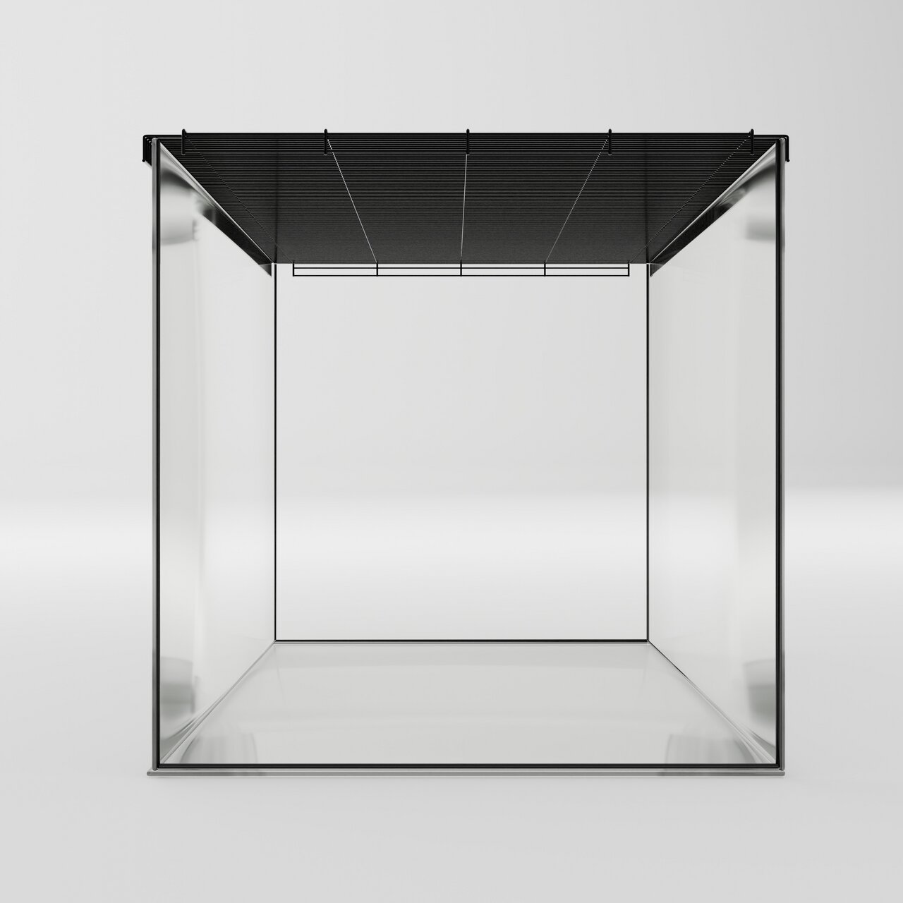 Das Bild zeigt ein modernes, rechteckiges Terrarium der Marke Allpets, geeignet für Reptilien oder kleine Tiere. Es besteht aus transparentem Glas mit einem schwarzen, stabilen Metallrahmen und einem feinmaschigen Gitterdeckel zur Belüftung. Das Design is