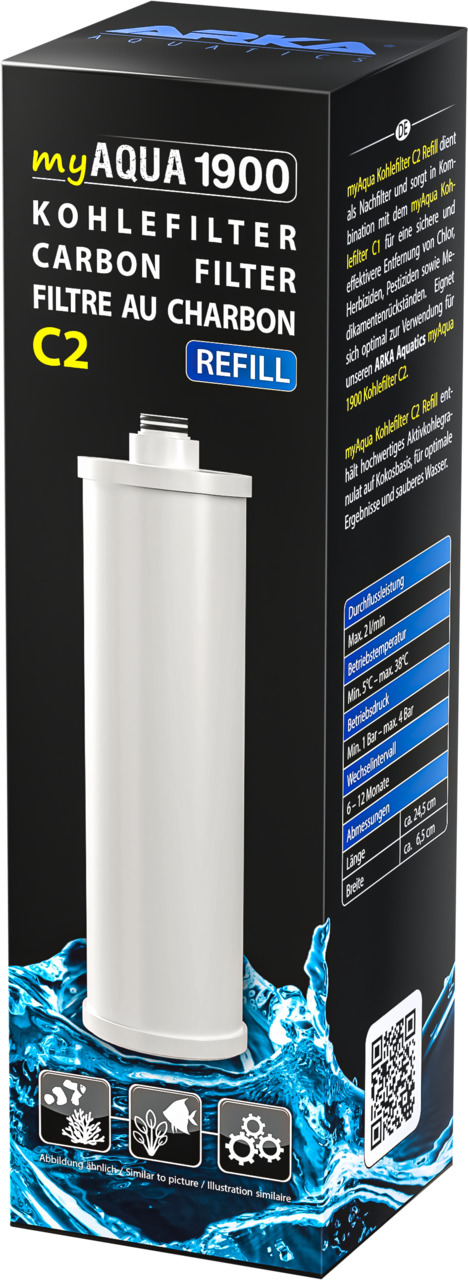 ARKA myAqua 1900 Kohlefilter C2 Refill, für Aquarienbesitzer, entfernt Schadstoffe, schwarze Verpackung, QR-Code, techn. Details.