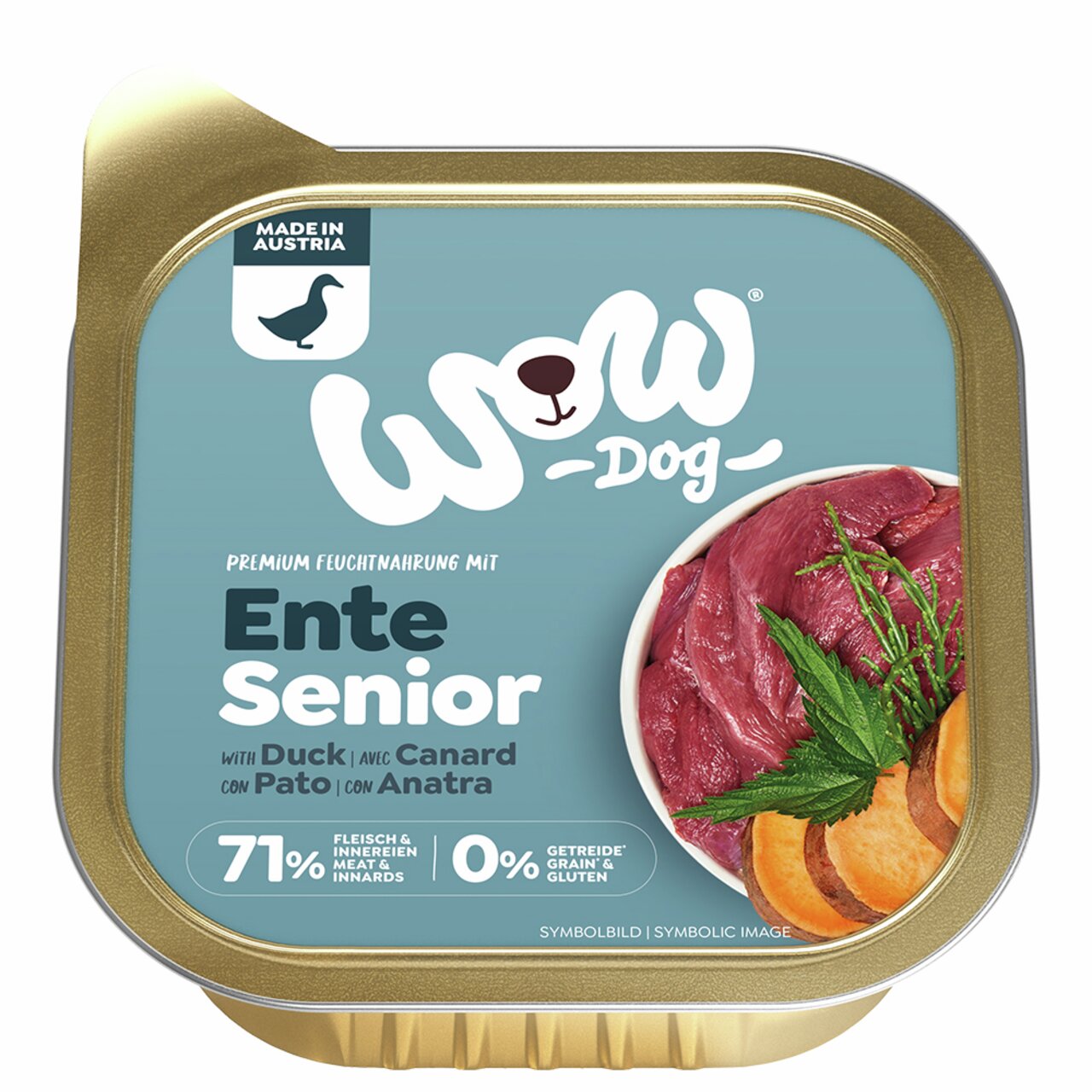 WOW DOG Nassfutter Ente Senior für ältere Hunde, 71 % Fleisch, ohne Getreide, 300 g, Made in Austria.