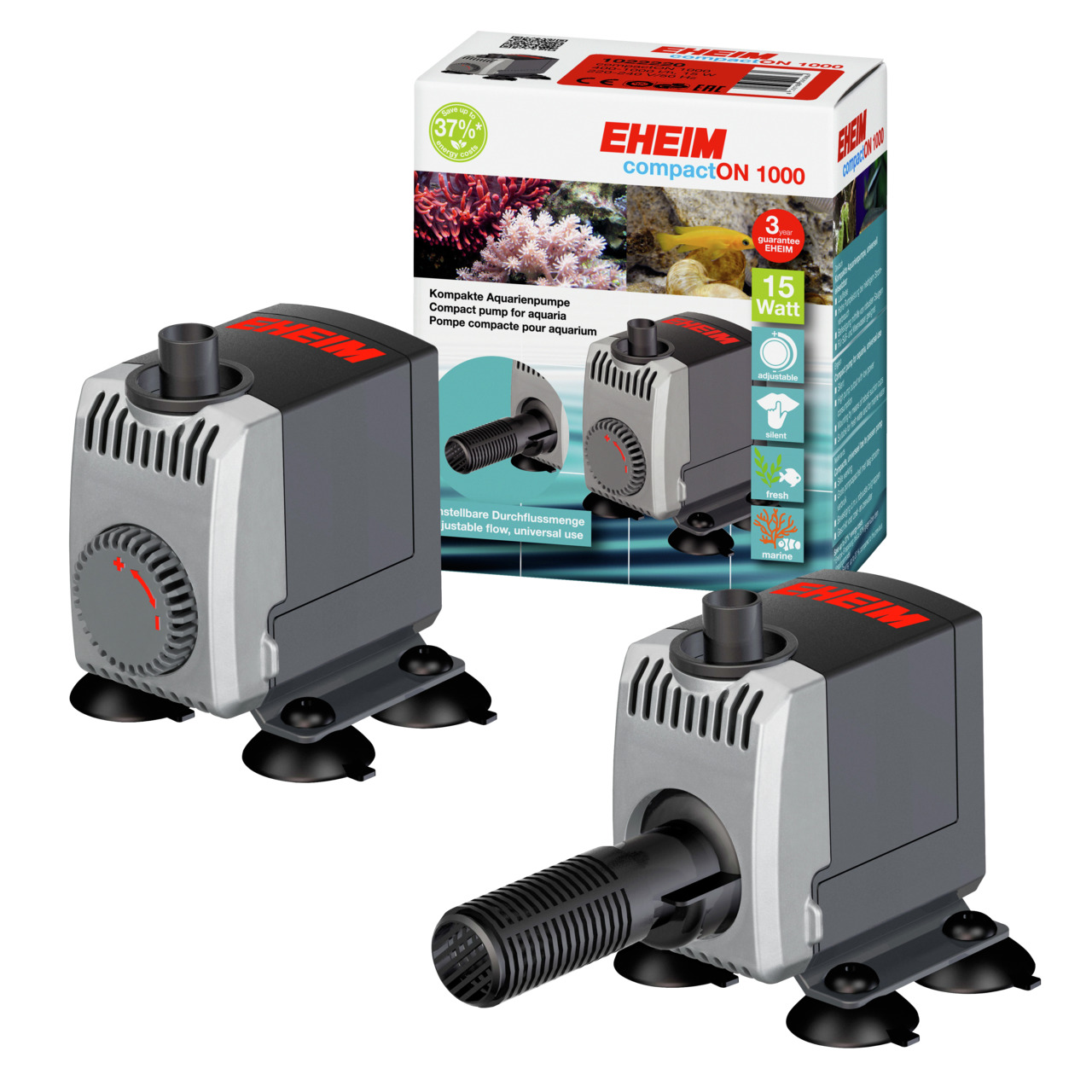 EHEIM compactON 1000, kompakte Pumpe für Süß-/Meerwasseraquarien, 15W, einstellbarer Durchfluss, Saugnäpfe, Grau/Schwarz.