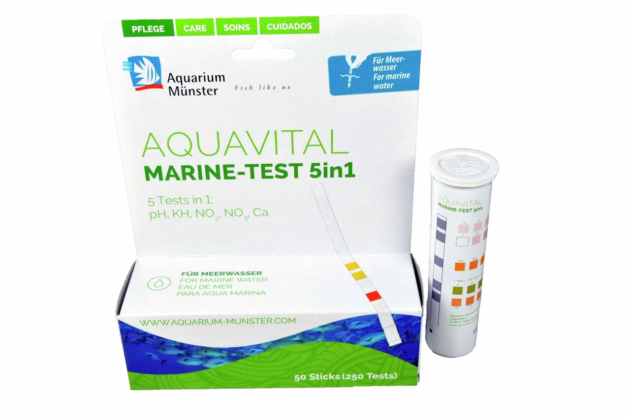 Aquarium Münster Aquavital Marine-Test 5in1, Meerwasseraquarien, 50 Streifen/250 Tests, misst pH, KH, NO2, NO3, Ca.