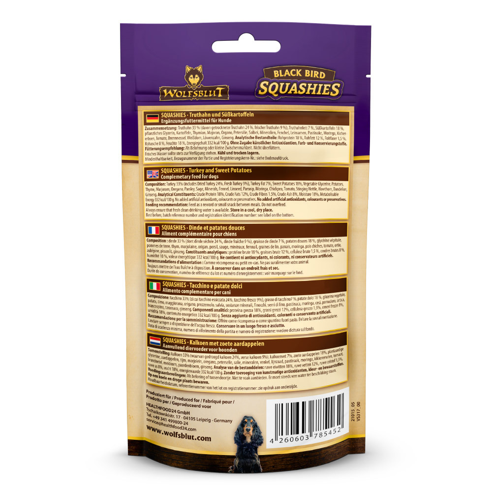 Wolfsblut Black Bird Squashies, Ergänzungsfutter f. Hunde, Truthahn & Süßkartoffeln, 225 g, geeignet f. alle Rassen.