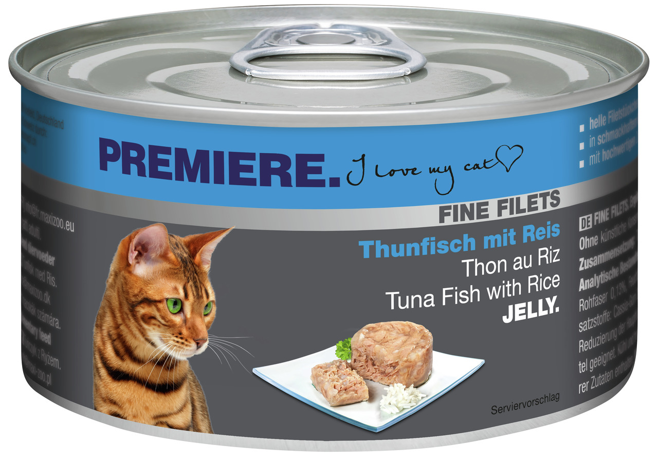 PREMIERE „I love my cat“ Katzenfutter, Fine Filets Thunfisch mit Reis in Jelly, 85 g, ohne künstl. Zusätze, hochwertiger Inhalt.