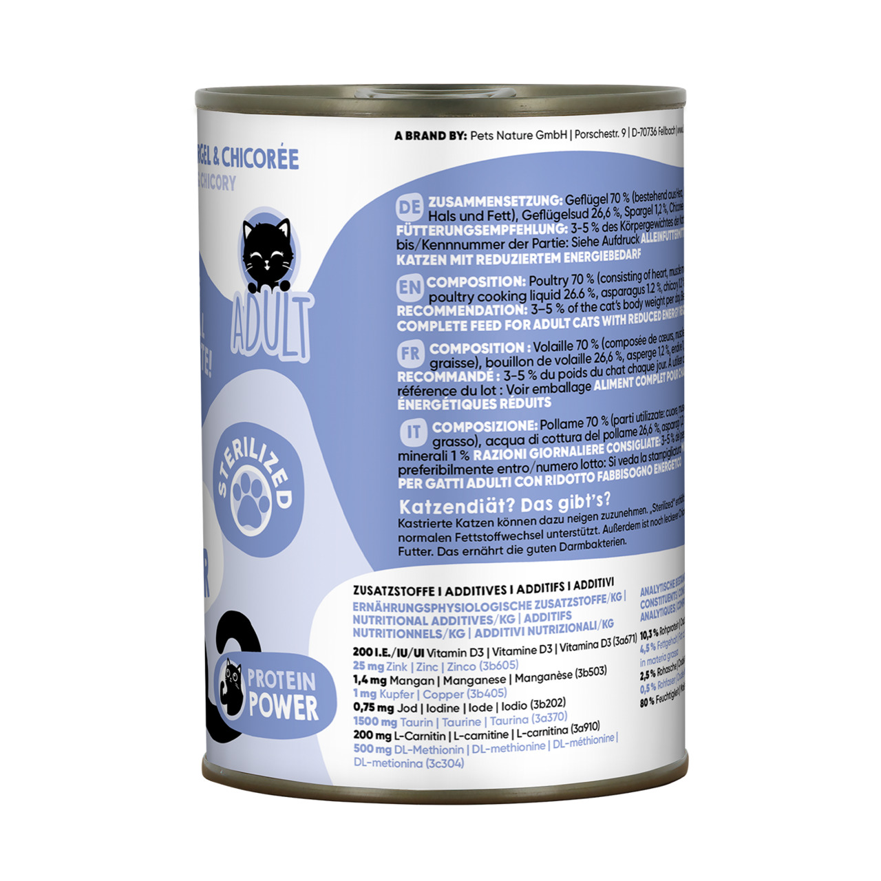 Lucky Lou Katzenfutter, steril. erw. Katzen, Geflügel+Chicorée, 200 g, "Protein Power", reduz. Energiezufuhr, ausgew. Katzendiät.