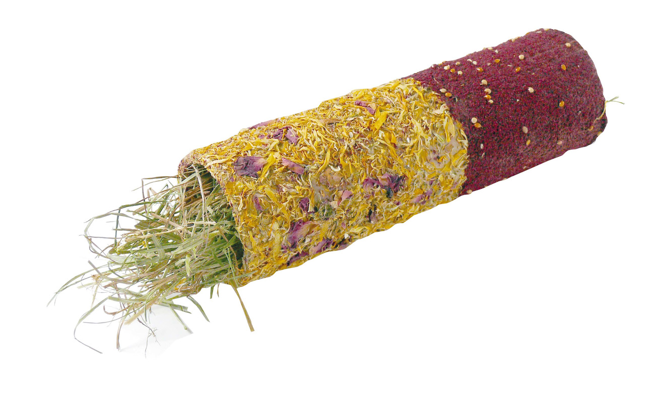 HUGRO Knabberrolle Blütenmix, für Kaninchen-Meerschweinchen, mit Blüten-Kräutern, Heu innen, fördert Zahnpflege, Beschäftigung.