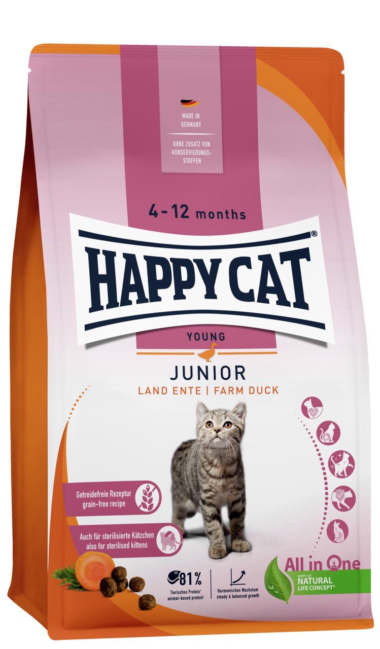 HAPPY CAT Junior Land Ente, junge Katzen (4-12 Mon.), getreidefrei, 81 % tierisches Protein, gesundes Wachstum, Landente.