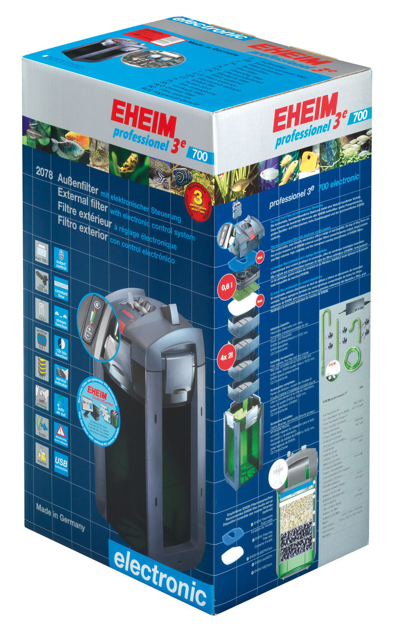 Das Bild zeigt den EHEIM professionel 5e 700 Außenfilter, ein hochwertiges Aquarium-Zubehör für Aquarienliebhaber. Der Filter ist für Süß- und Meerwasseraquarien geeignet und bietet kabellose Steuerung per WLAN. Auf der Verpackung sind technische Details 