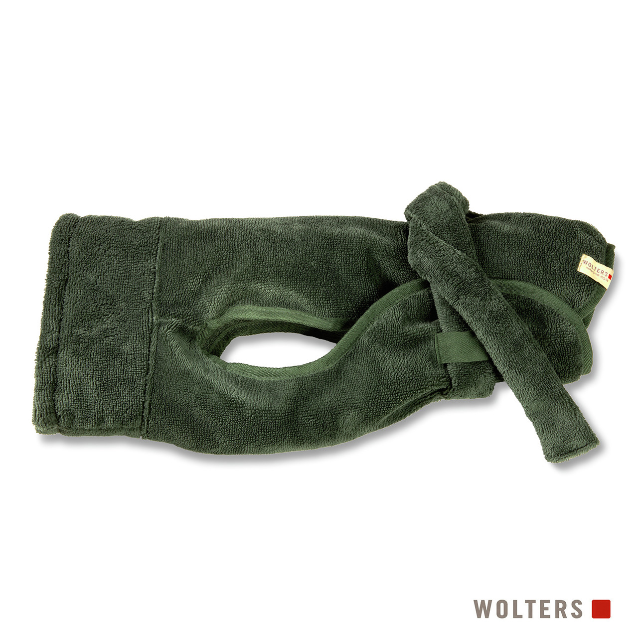 Das Bild zeigt das grüne Hunde-Bademantelmodell "Wolters Dogz Wear" der Marke Wolters. Der Bademantel besteht aus weichem Frotteematerial und ist für Hunde konzipiert, um sie nach dem Baden oder Spaziergängen im Regen schnell zu trocknen. Er verfügt über 