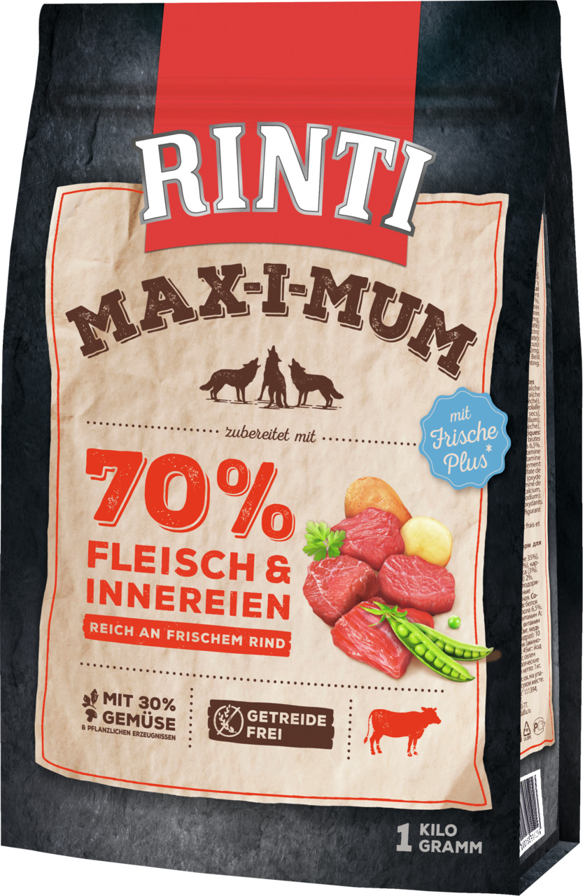 RINTI Max-i-mum Hundefutter Rind, 70 % Fleisch & Innereien, getreidefrei, 30 % Gemüse, 1 kg, für Hunde.