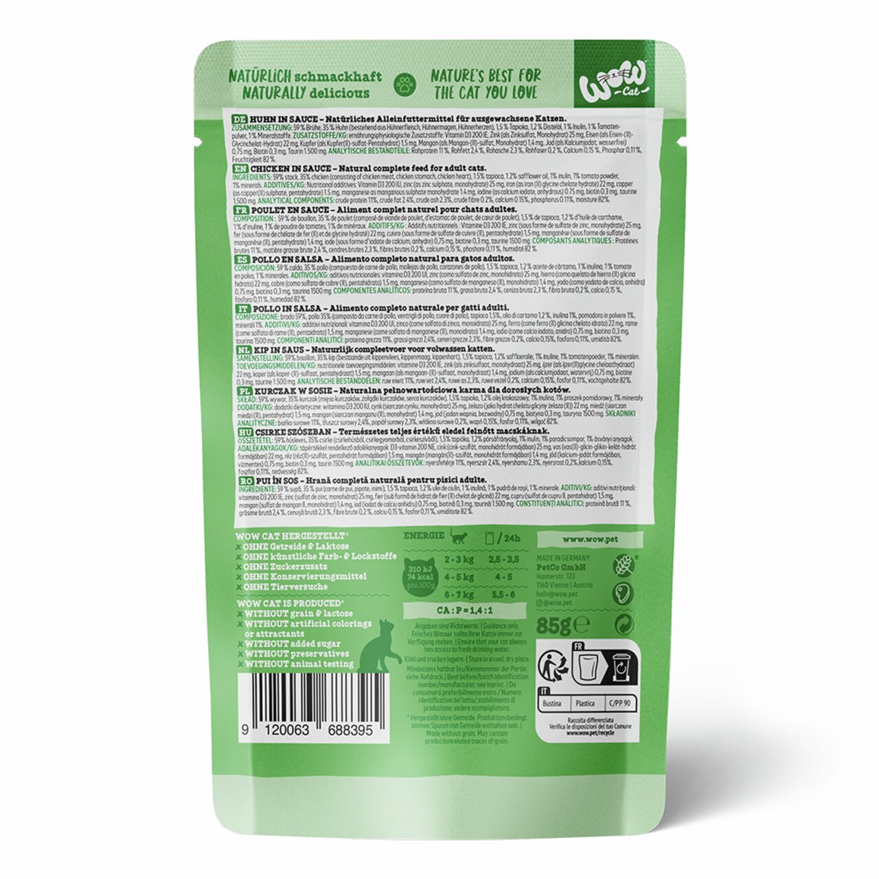 WOW CAT – Huhn in Sauce, Alleinfuttermittel f. erw. Katzen, 85 g, getreidefrei, ohne Zuckerzusatz, Konservierungsstoffe & Tierversuche.