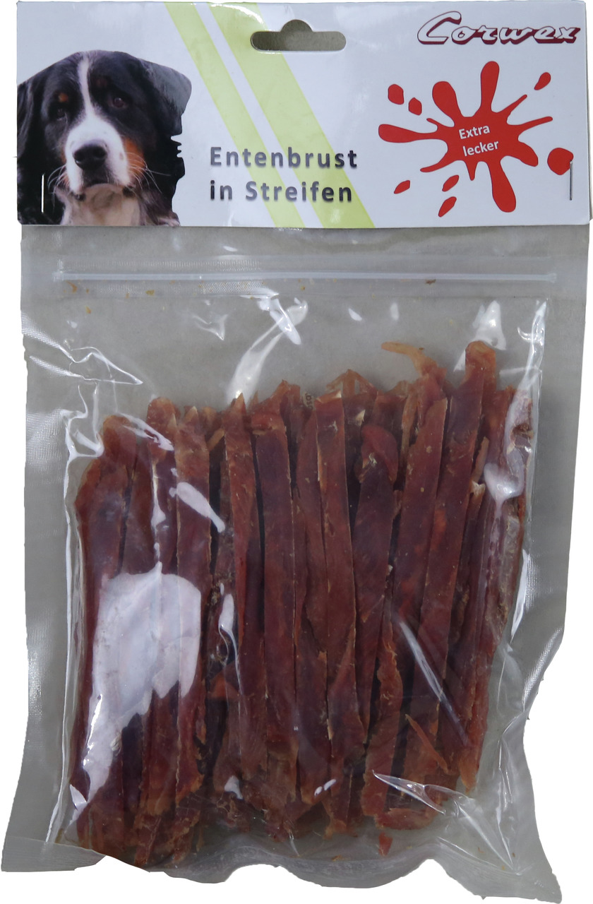 Das Bild zeigt eine Verpackung des Produkts „Corwex Entenbrust in Streifen“, ein Hundesnack für ausgewachsene Hunde. Die Verpackung enthält dünne Streifen aus getrockneter Entenbrust und trägt die Aufschrift „Extra lecker“. Die Menge ist visuell erkennbar