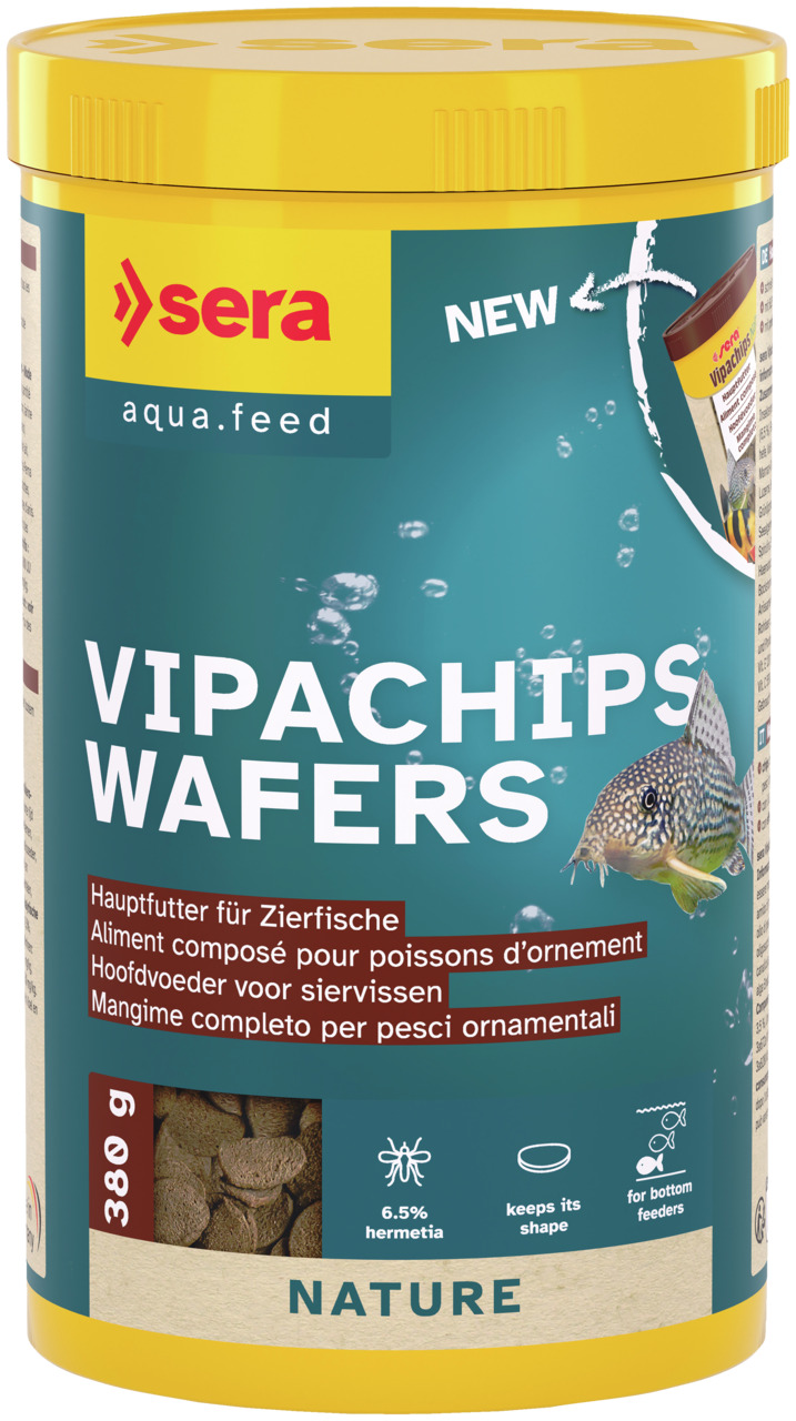 Das Bild zeigt eine Dose des Produkts "sera Vipachips Wafers", ein Hauptfutter für Zierfische. Die Zielgruppe sind Bodenfresser wie Welse. Die Verpackung enthält 380 g und hebt hervor, dass das Futter seine Form behält und 6,5 % Hermetia-Inhaltsstoffe ent