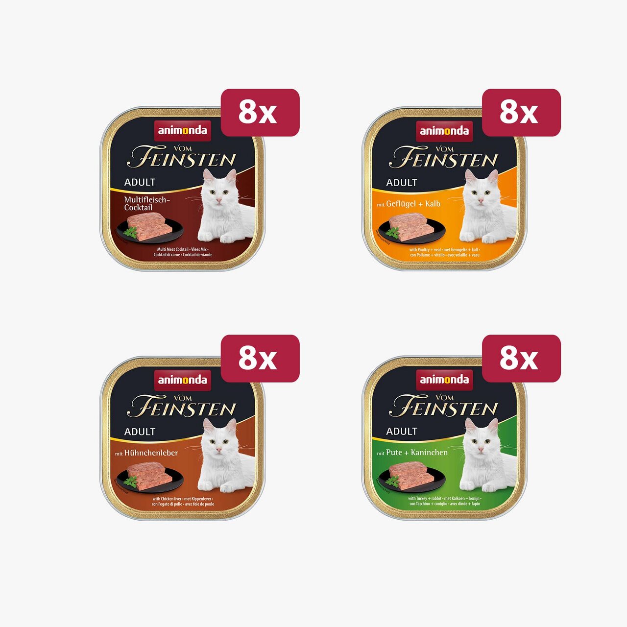 animonda vom Feinsten Adult, 32x100g, für ausgewachsene Katzen, Sorten: Multifleisch, Geflügel+Kalb, Hühnerleber, Pute+Kaninchen.