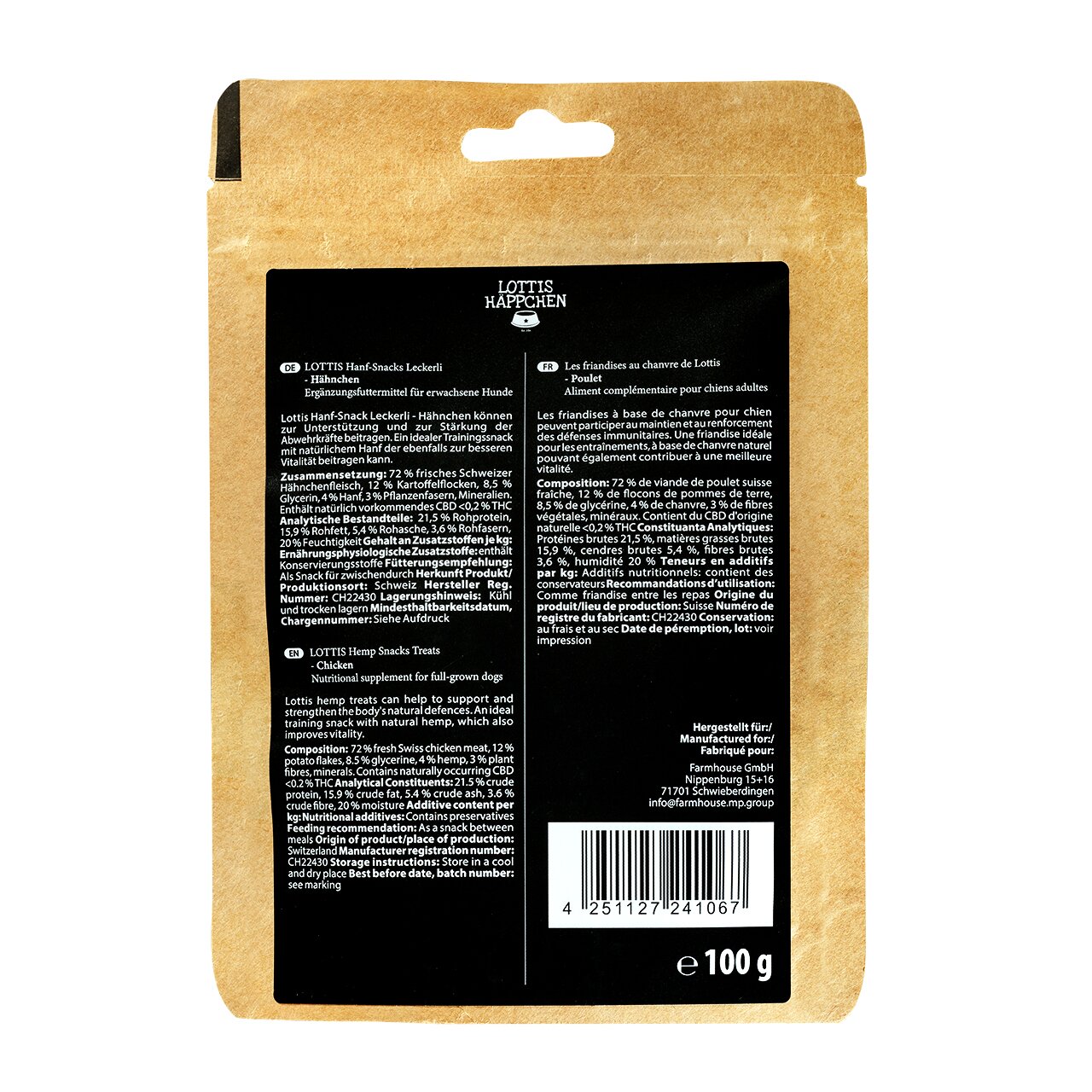 LOTTIS HÄPPCHEN Hanf-Snacks Huhn für ausgewachsene Hunde, unterstützt Abwehrkräfte, natürlicher Hanf, 100 g Packung.