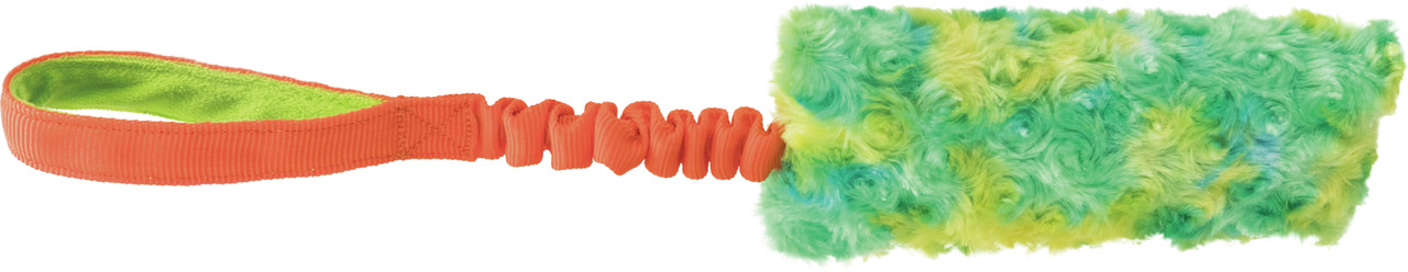 Das Bild zeigt das TRIXIE Bungee-Spielzeug für Hunde, ein robustes und farbenfrohes Spielzeug mit einer elastischen Schlaufe und einem weichen, flauschigen Beißbereich in Grün und Gelb. Es eignet sich ideal für interaktive Spiele und fördert die Bindung z