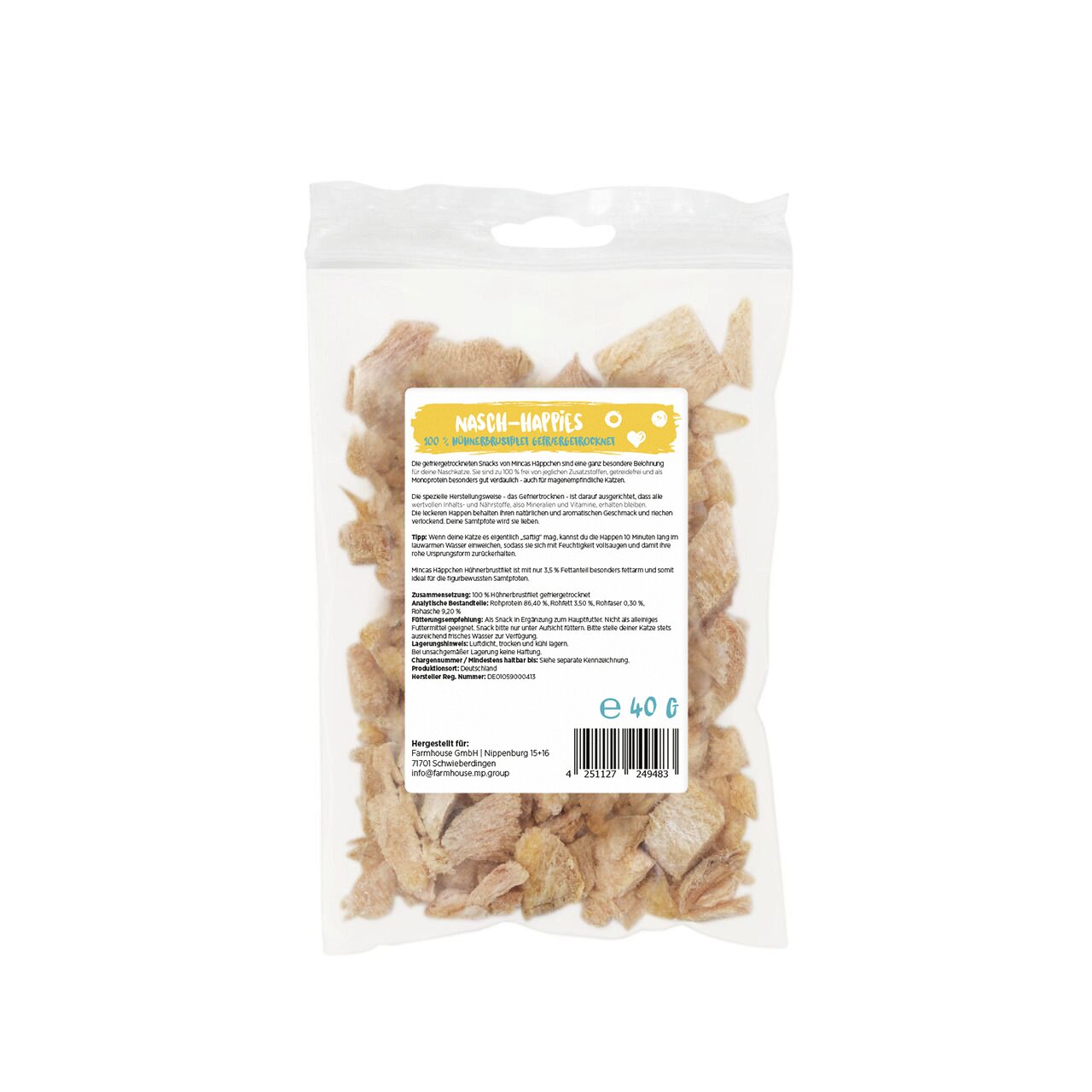 Das Bild zeigt eine durchsichtige Verpackung mit der Aufschrift „Nasch-Happies“. Es handelt sich um ein Produkt der Marke Farmhouse GmbH, speziell für Hunde. Die Snacks bestehen aus 100 % Rinderkopfhaut, schonend getrocknet, und wiegen 40 g. Sie sind als 
