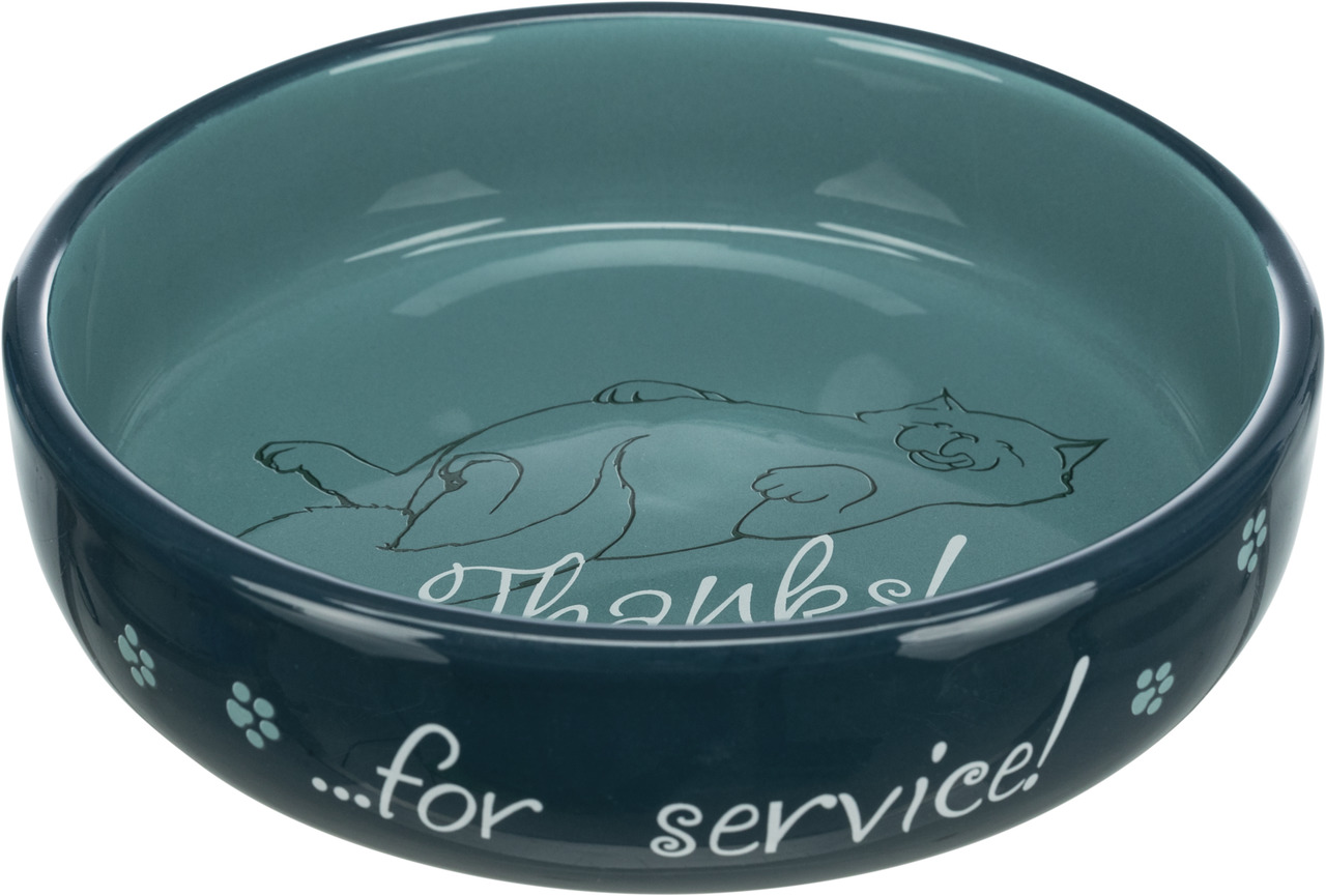 Keramiknapf von TRIXIE für Katzen, dunkelgrün mit humorvollem Design: liegende Katze und Schriftzug „Thanks for service!“. Ideal für Futter oder Wasser. Robustes Material, leicht zu reinigen. Zielgruppe: Katzen. Fassungsvermögen: ca. 300 ml. Perfekt für s